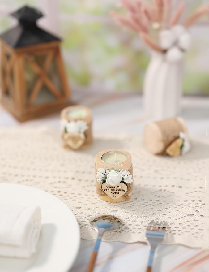 10 Piece Set of Wooden Tealight Candle Holders, Wedding Party Guest Favors, Thank You Favors, Return Gifts, Bridal Shower, Bithday Party , Housewarming Gifts for Guests. (Light Brown)