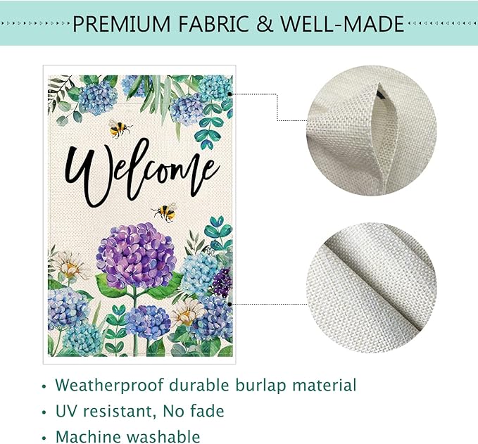 Baccessor Summer Spring Hydrangea Garden Flag Double Sided 12x18 Inch, Summer Purple Blue Flower Floral Welcome Small Yard Flag Burlap Vertical Seasonal Farmhouse Yard Outdoor Decoration