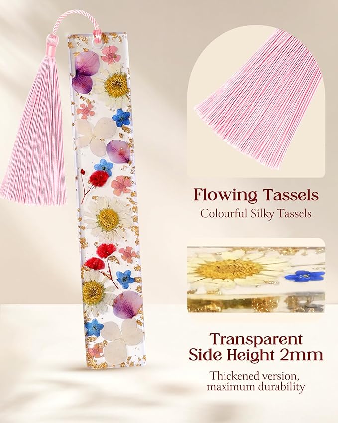 Buleens 2PCS Bookmarks for Women - Blue Book Marks for Readers Book Lovers, Personalized Handmade Dried Flower Resin Bookmark with Tassels, Pretty and Aesthetic