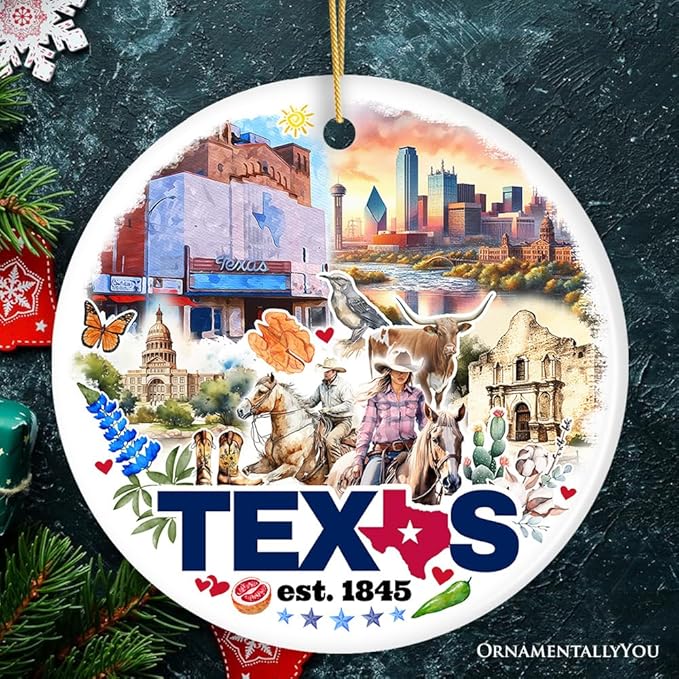 Artistic Watercolor Texas Cultures and Landmarks Ceramic Ornament, Travel Gift and Christmas Tree Decor