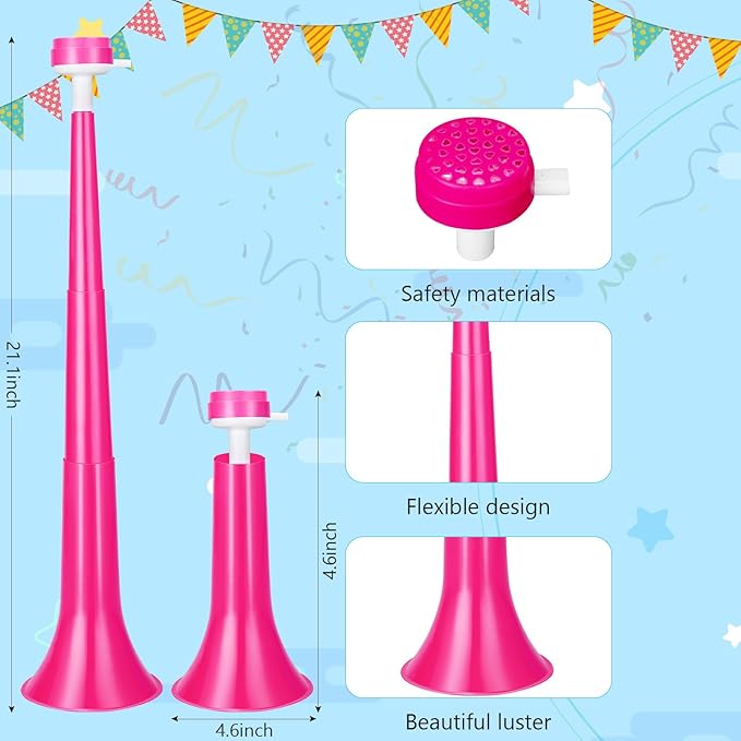 6 Pcs Stadium Horn for Adult, 21 Inch Vuvuzela Plastic Collapsible Cheering Trumpets for Sporting Events Football Carnival Party Supplies, Rose Red