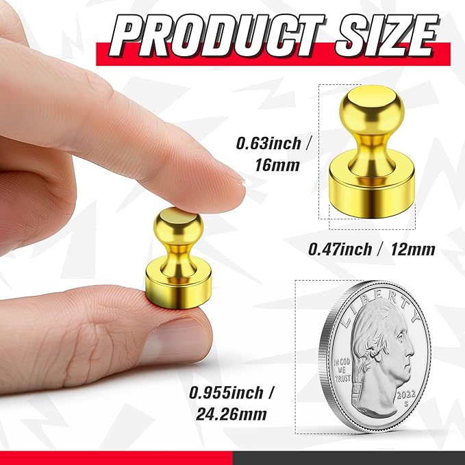 FINDMAG Fridge Magnets, Heavy Duty Aesthetic Refrigerator Magnets, Strong Small Magnetic Push Pins for Whiteboard, Cool Gold Locker Magnet for Office, Kitchen, Classroom, Home Decor, Pack of 42