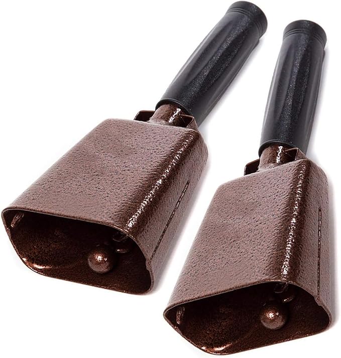 Deke Home - 2 Pack 7 Inch Steel Cowbells with Handle, Loud Noise Makers for Football, Sports, Parties, Competitions, School Spirit & Safety, Large Hand Bell for Cheering & Percussion Instrument