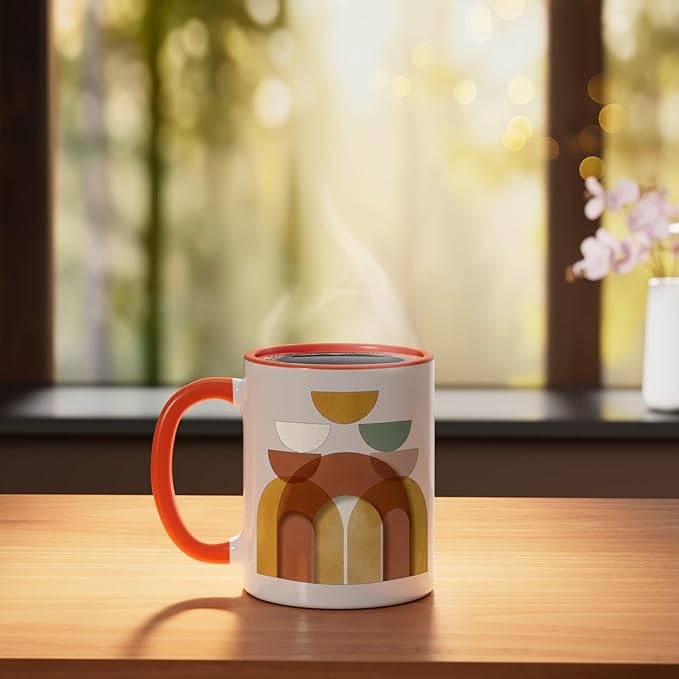 Mid-Century Modern Abstract Landscape Earthy Boho Arches Ceramic Mug, Orange/White