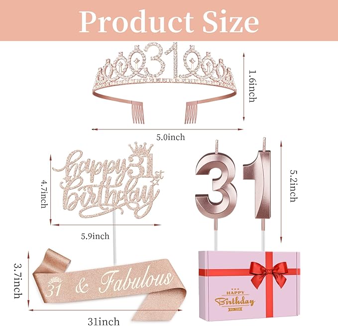 31 Birthday Decorations for Women Including Birthday Sash, Crown/Tiara, Numeral Candles and Cake Topper, 31 Year Old Gifts for Women, Rose Gold Party Decor Supplies
