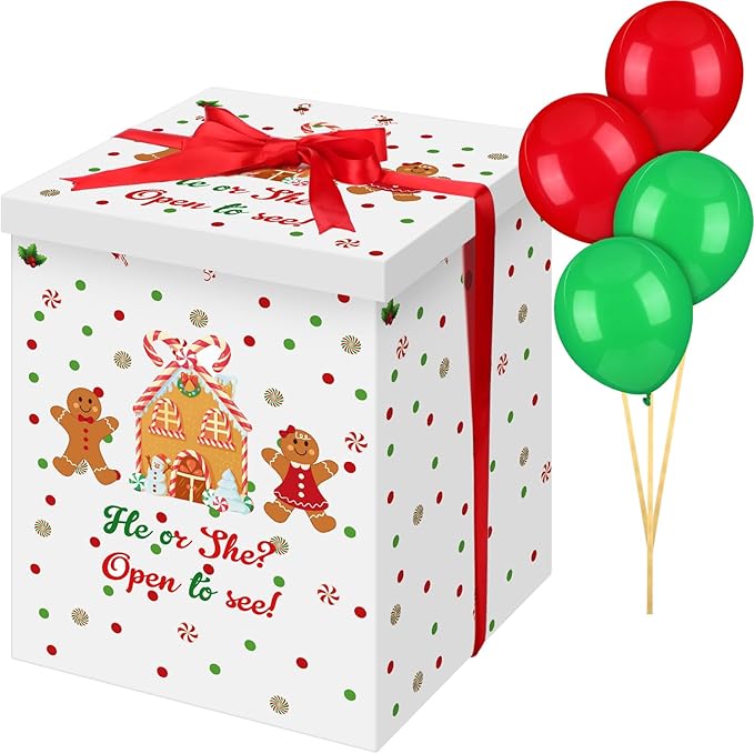 Hungdao Gender Reveal Balloon Box with Ribbon and 10 Pink and Blue Balloons Gender Reveal Games He or She Open to See for Party Decoration 12 x12 x16 (Gingerbread)