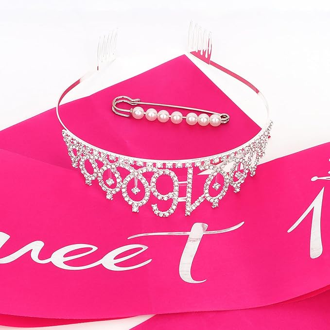 Casoty Sweet 16 Birthday Sash and Tiara, 16th Birthday Decorations for Girls, 16th Birthday Crown and Sash Set, Sweet 16 Party Supplies for Girls, Gifts for Her
