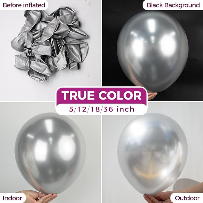 Bezente Silver Metallic Chrome Latex Balloons, 100 Pack 12 inch Silver Round Helium Balloons for New Years Wedding Anniversary Bridal Shower Birthday Engagement Party Decorations