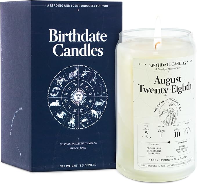 Birthdate Candles, August 28 - Virgo Zodiac Scented Candles Birthday Gift - Sage, Jasmine & Palo Santo Scent - All-Natural Soy & Coconut Wax, 60-80 Hour Burn Time - Made in USA
