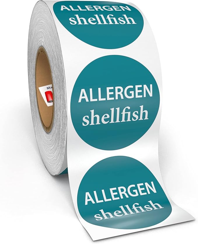 Kenco Allergen Warning Stickers - 1" Circle Label, 1,000 Allergy Warning Labels Per Roll in Universal Allergy Awareness Colorway (6 Pack, Shellfish)