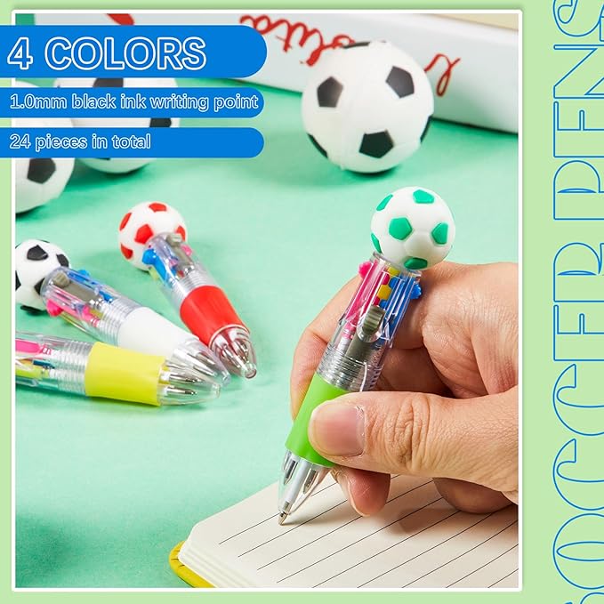 Kosiz 24 Pack Soccer Party Favors Sport Pen Multicolor 4 in 1 0.5mm Ballpoint Pen for Office Sport Lover Novelty Valentine's Day Gifts Goodie Bags Stuffers