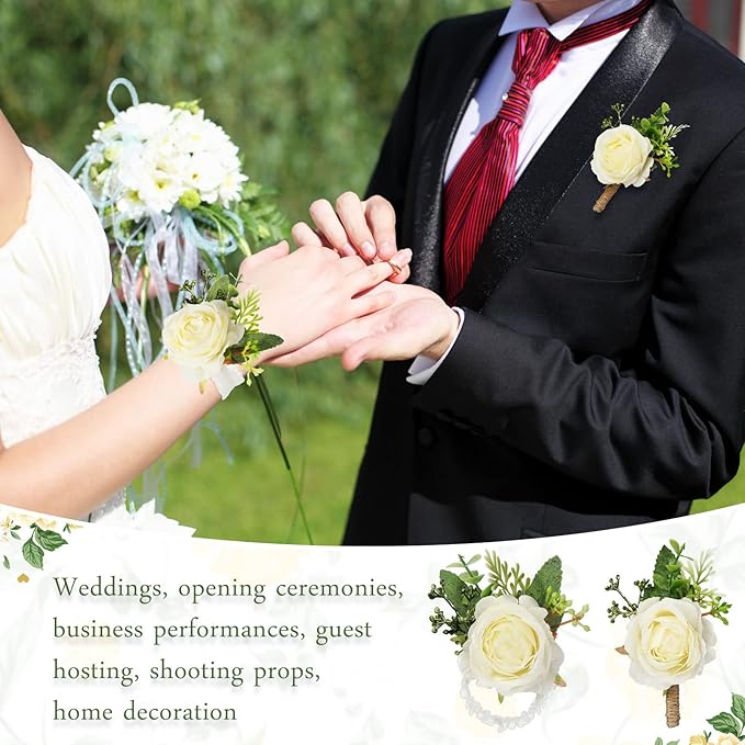 Jexine 12 Pcs Rose Wrist Corsage Bracelets Wedding Bridal Wrist Artificial Flower Wristband Flower Hand Decor for Bride Bridesmaid Homecoming Prom Party Decor(White Elegant)