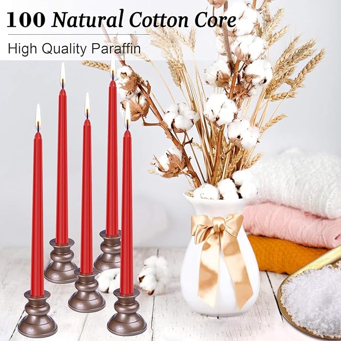 14 Pack Tall Red Taper Candles - 10 Inch Red Dripless, Unscented Dinner Candle - Paraffin Wax with Cotton Wicks - 8 Hour Burn Time.