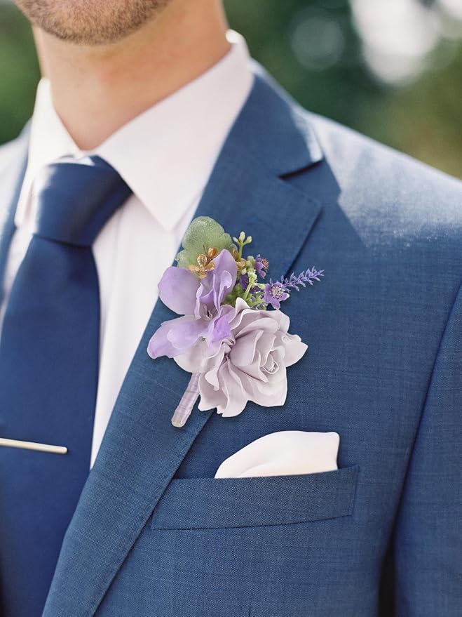 2Pcs Wedding Corsage and Boutonniere Set Purple Rose Corsage Wristlet and Boutonniere for Men Women Groom Bride Bridesmaid Groomsmen Wedding Party Accessory Prom Decoration (Purple)
