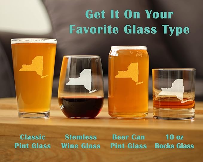 Bevvee New York State Outline Stemless Wine Glass - State Themed Drinking Decor and Gifts for New Yorker Women & Men - Large 17 Oz Glasses