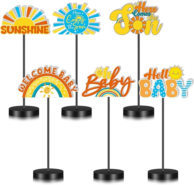 6 Pcs Here Comes the Son Baby Shower Table Decor Here Comes the Son Decoration for Table Centerpieces Baby Shower Wooden Standing Signs Tabletop Decor for Home Room Desk Party Supplies