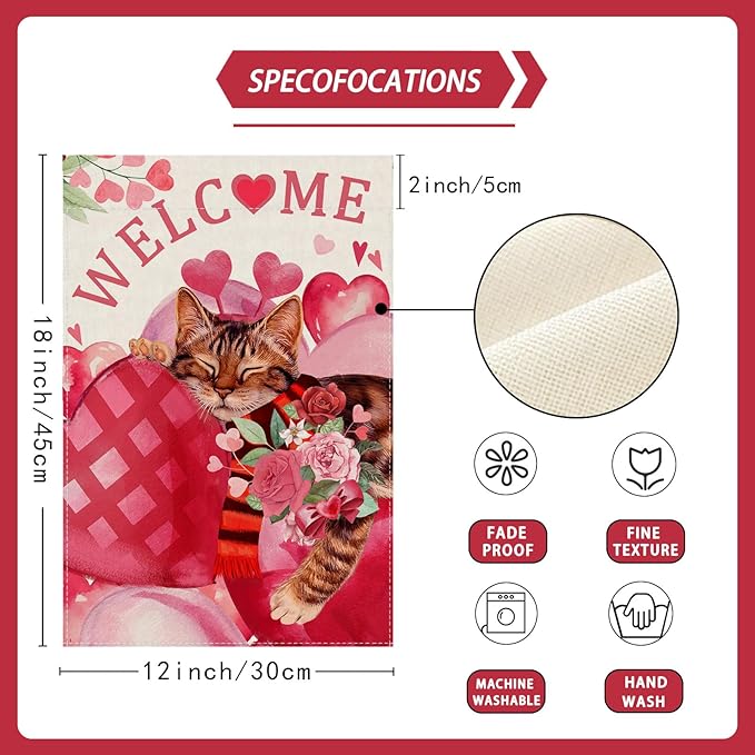 ZAEW Welcome Valentine’s Day Garden Flag Romantic Red Big Roses Love Heart Cat Yard Flag 12x18 Inch Double Sided Small Mini Yard Outdoor Outside Holiday Decoration