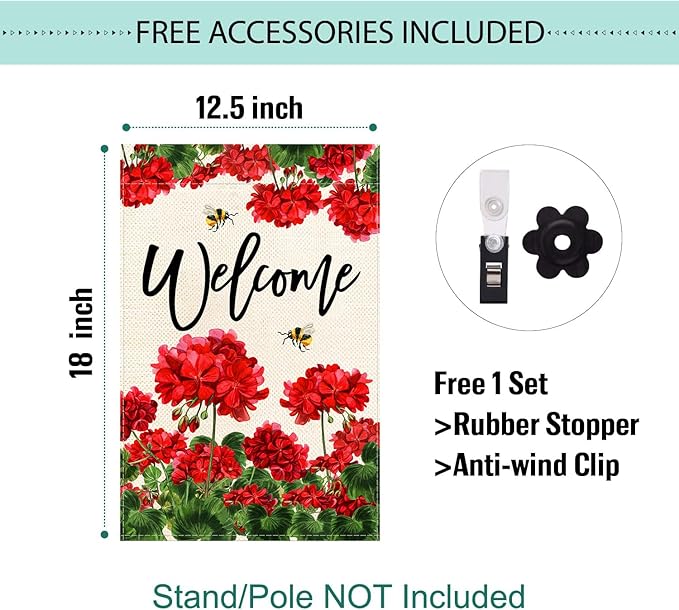 Baccessor Spring Summer Geranium Welcome Garden Flag Double Sided Summer Bee Red Floral Small Burlap Yard Flag House Seasonal Farmhouse Outside Outdoor Decoration 12.5 x 18 Inch