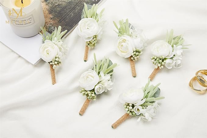 Meldel Ivory & Greenery Homecoming Boutonniere, White Boutonniere for Men Wedding, Set of 6, Groom Groomsmen Man Boutonniere for Wedding Ceremony Anniversary, Party Fall Vintage Wedding Prom