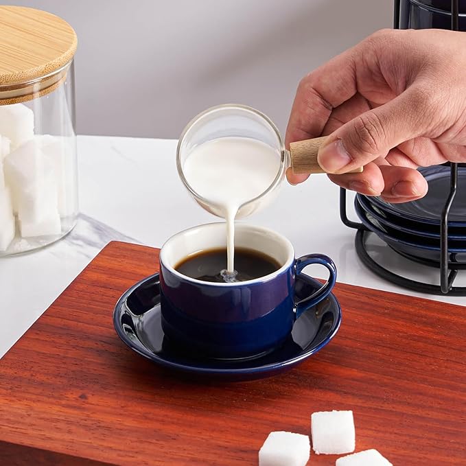 8oz Porcelain Stackable Cappuccino Cups with Saucers and Metal Stand Set of 4, Cappuccino Cups Set of 4, Blue Coffee Cups for Espresso, Specialty Coffee Drinks, Latte, Americano and Tea