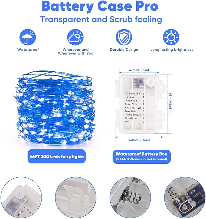 Ariceleo 1 Pack 65.6 Ft. Battery Operated Outdoor String Lights with Remote & Timer, LED Blue Fairy Lights, Waterproof Twinkle Lights for Bedroom, Dorm, Mason Jar, Wedding, Party, Christmas