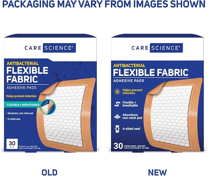 Care Science Fabric Adhesive Pad Bandages, 3x4 inches Extra Large Flexible Non-Stick Strip, Helps Prevent Infection, Breathable Protection, for First Aid & Wound Care, 30 Count