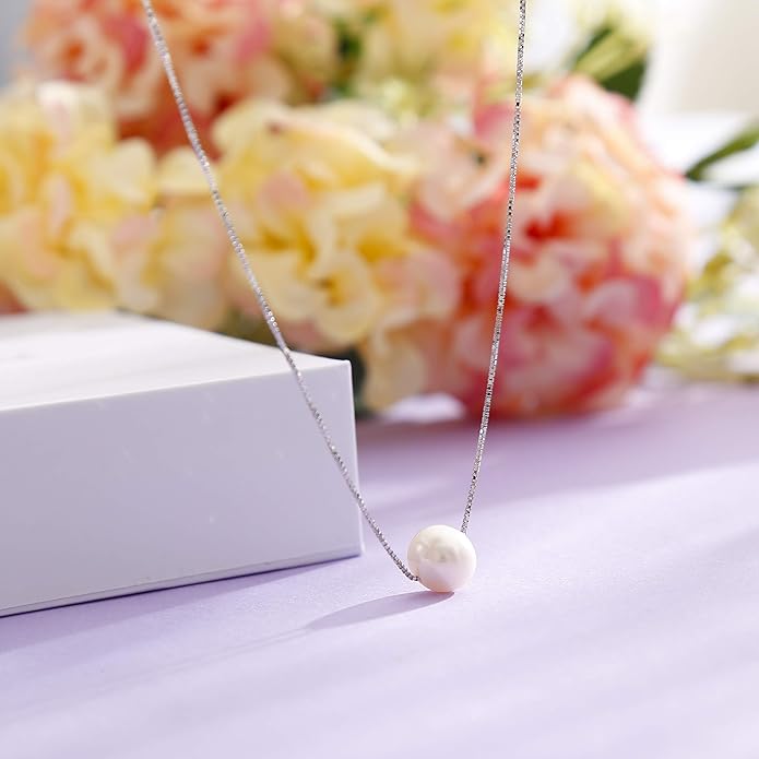ALoveSoul Necklace for Women Girls - 925 Sterling Silver Single Pearl Necklace, Mother's Day Birthday Gift Ideas