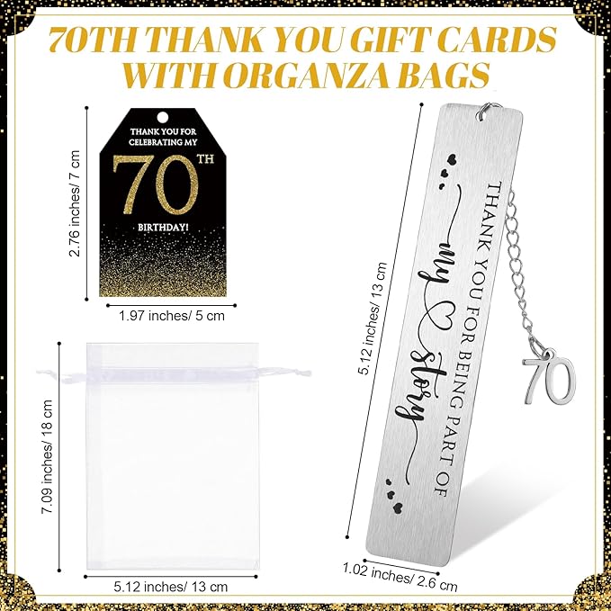 25 Sets Birthday Favors for Guests 25 Thanks for Coming Ballpoint Pens 25 Bookmarks 25 Cards with Organza Bag for Adult Birthday Anniversary Party Souvenir(Metal-70th)