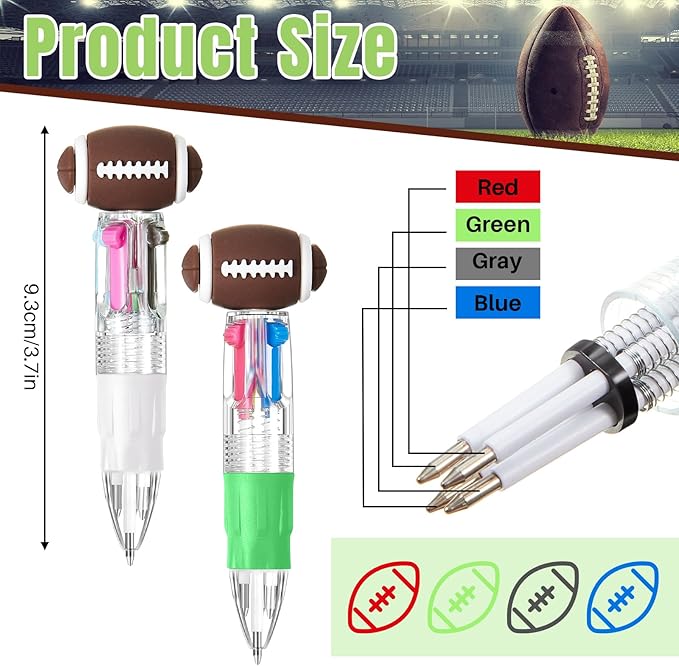 Kosiz 24 Pack Football Party Favors Sport Pen Multicolor 4 in 1 0.5mm Ballpoint Pen for Office Sport Lover Novelty Valentine's Day Gifts Goodie Bags Stuffers