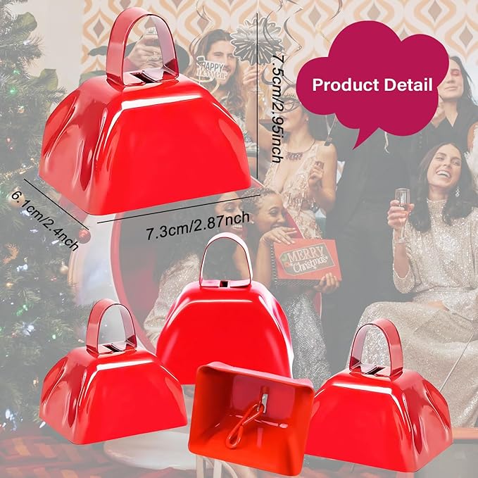 Metal Cow Bell Noise Maker - 3 Inch Pack of 4 - Small Loud Metal Cowbell Noisemaker with Handle - Great for Football Games, Sporting Events, Weddings, New Year's Eve, Birthday Parties