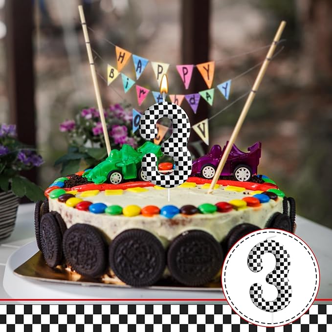 Racing Cars Themed Birthday Candle Number 3 Checkered Candle Birthday Party Decoration Cake Topper for Racing Car Party Decoration Theme Party Supplies (Number 3)