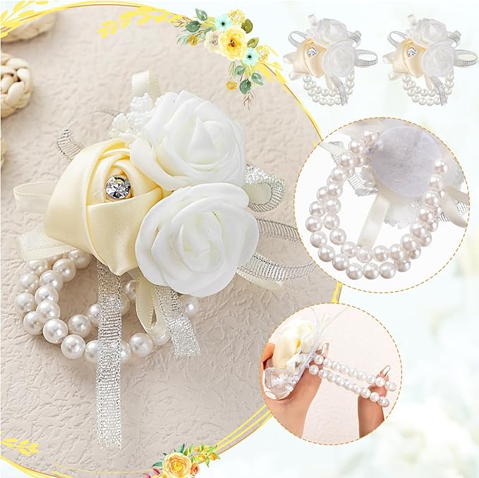 Zeyune 18 Pcs Wrist Corsages for Prom Wedding Artificial Rose Wristlet Corsage Hand Flower for Mother of Bride and Groom, Bridal, Bridesmaid Wedding Supplies(White)