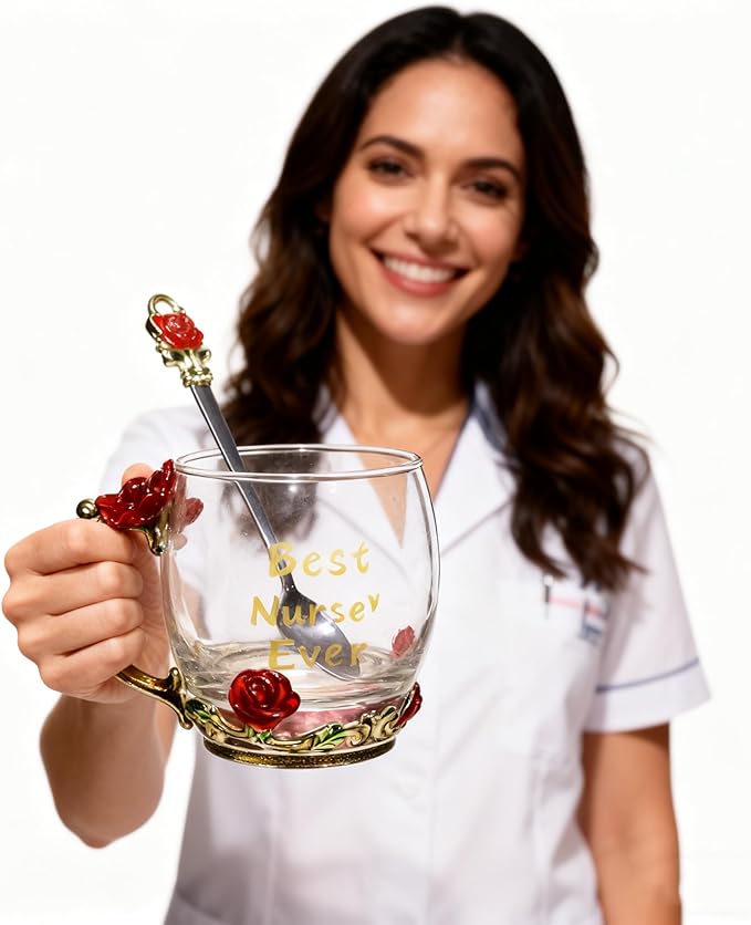 National Nurses Day Flower Glass Cup with Unique Flower Printing and Spoon - Ideal Nurse Christmas Gift (Nurse)