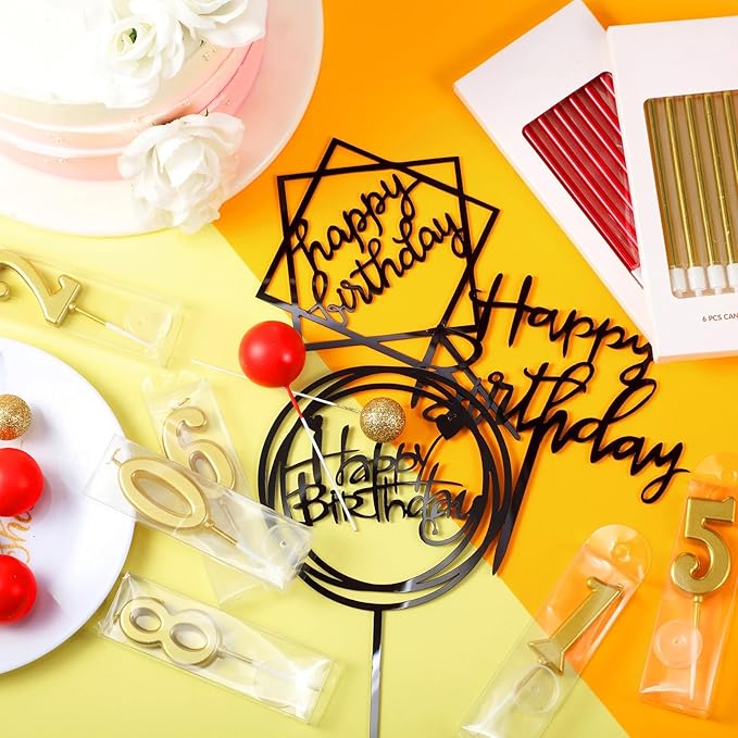 Yerliker 34 Pcs Happy Birthday Cake Toppers Decorations Birthday Candles DIY Cake Decor for Men Women Wedding Anniversary(Black Red Gold)