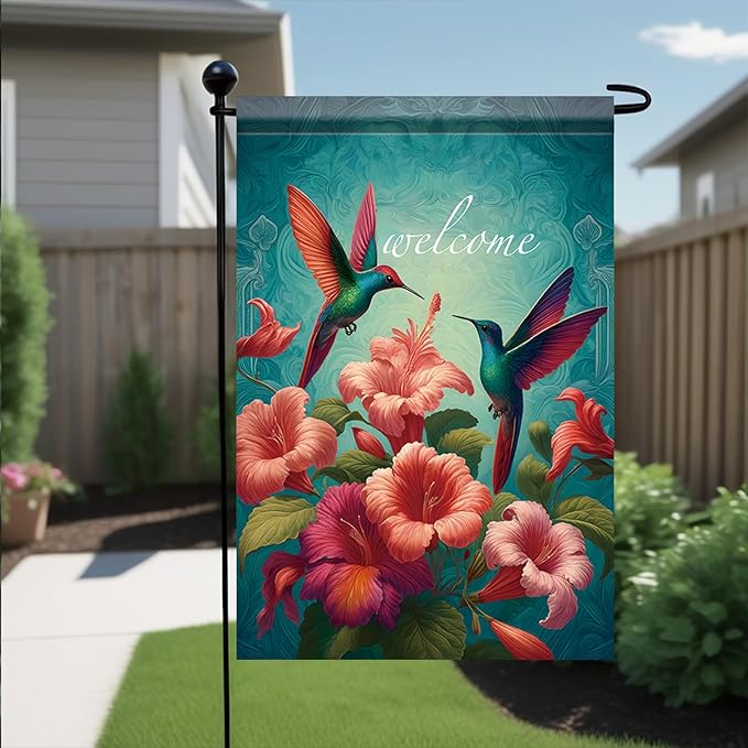 Starlit Patio Hummingbird Spring Flowers Garden Flag 12 x 18 Inch Double Sided Hummingbird Floral Welcome Garden Flag Seasonal Spring Summer Welcome Yard Outdoor Small Flag