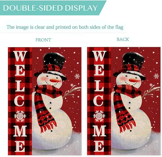 Welcome Christmas Garden Flag Double Sided Snowman with Buffalo Plaid Scarf Garden Flag, Winter Christmas Rustic Yard Outdoor Decoration 12.5 x 18 Inch