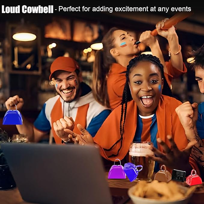 Metal Cow Bell Noise Maker - 3 Inch Pack of 4 - Small Loud Metal Cowbell Noisemaker with Handle - Great for Football Games, Sporting Events, Weddings, New Year's Eve, Birthday Parties