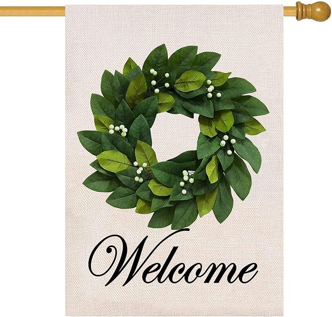 Baccessor House Flag Wreath Garden Flag Magnolia Leaves Welcome Large Yard Flag 28 x 40 Inch Double Sided Burlap Winter Spring Outside Decor