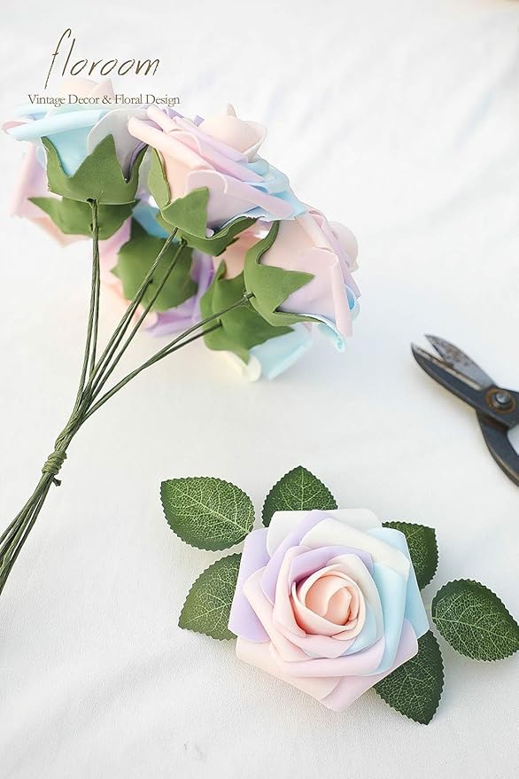 Floroom Artificial Flowers 25pcs Real Looking Whimsical Blush Foam Fake Roses with Stems for DIY Wedding Bouquets Baby Shower Centerpieces Floral Arrangements Party Tables Home Decorations
