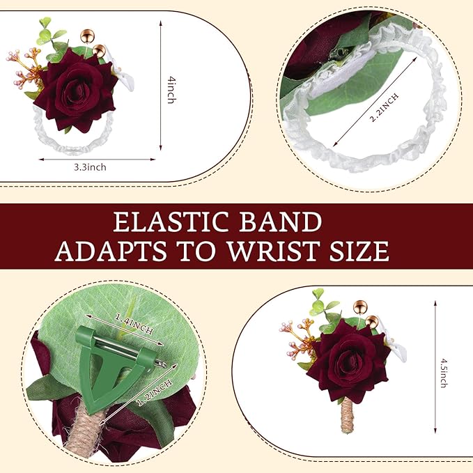 Sherr 20 Pcs Rose Wrist Corsage and Boutonnier Set Flower Wrist Corsage Wristlet Band Bracelet Wedding Bridegroom Men's Boutonniere Wristlet Hand Flower for Wedding Bouquets Supplies (Dark Red)