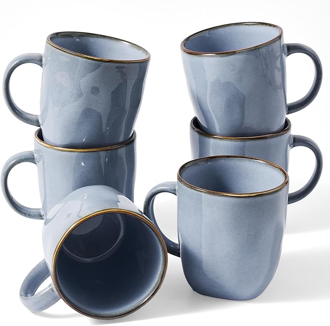 famiware Coffee Mugs Set of 6, Ocean Square 13oz Coffee Cup Set with Handle for Cocoa, Milk, Hot Chocolate, Tea, Water, Stoneware Cups for Kitchen, Microwave and Dishwasher Safe, Blue