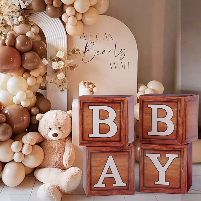 Baby Shower Decorations - Boxes with Letters for Gender Reveal (Wood) - 4 Balloon Boxes Included