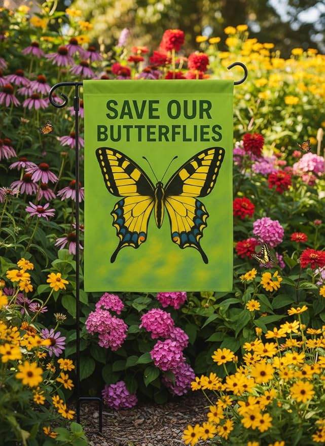 FLAGMEUP8386 Save Our Butterflies Garden Flag 12x18 Inch Double-Sided Polyester Yard Banner with Monarch and Swallowtail Design, Outdoor Décor for Pollinator Week, Eco Events and Fall Gardens
