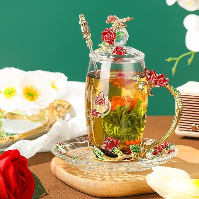 Fancy Glass Tea Cup with Lid Saucer Spoon Flower Coffee Mug Unique Birthday Gift for Friend Female Mother-in-Low Daughter House Warming Gift(Tall Red)