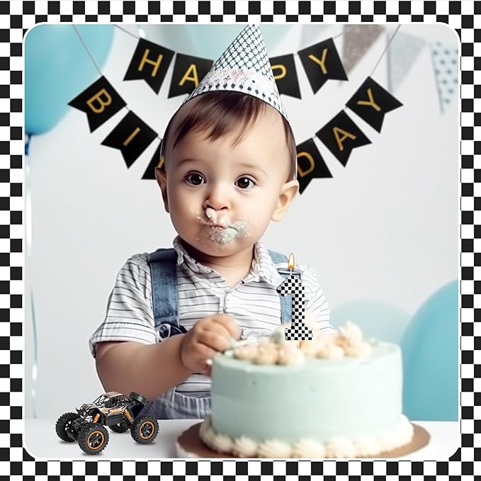 Racing Cars Themed Birthday Candle Number 1 Checkered Candle Birthday Party Decoration Cake Topper for Racing Car Party Decoration Theme Party Supplies (Number 1)