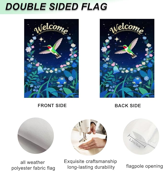 IVN Spring Garden Flag 12x18 Inch Spring Hummingbird Welcome Flag Double Sided Outdoor Yard Banner for Porch Lawn Patio Decor