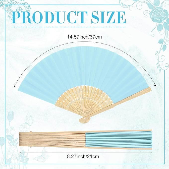 Yinkin 24 Pack Folding Fans Bamboo Handheld Folded Craft Hand Japanese Chinese Fans for Weddings Bridal Dancing Church DIY Decoration Women Gift Party Favors (Light Blue)