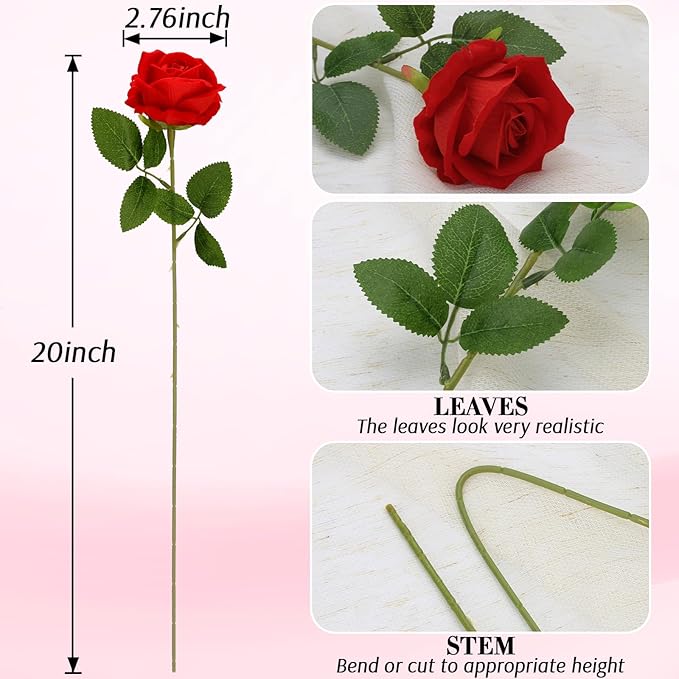 Roses Artificial Flowers, Fake Velvet Silk Roses in Bulk for Home Decor Indoor, Fake Roses Realistic Flowers with Stems for Wedding Centerpiece Party Decor (24, Red)