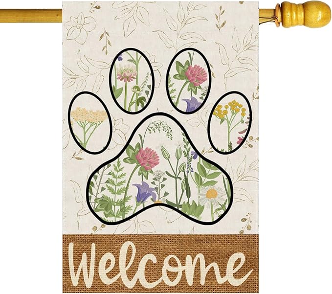 ZAEW Welcome Dog Paw Large Wildflowers Leaves Spring House Flag Burlap 28X40 Inch Vertical Double Sided Outside Yard Holiday Outdoor Farmhouse Decoration
