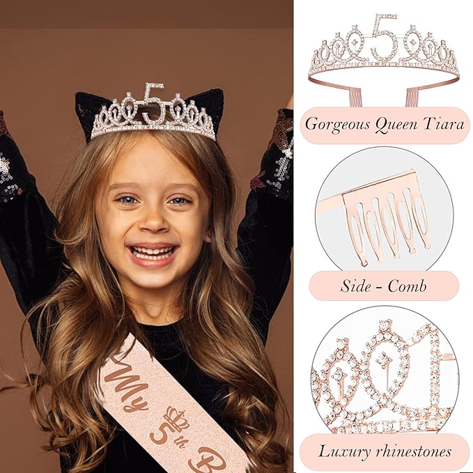 5th Birthday Decorations Girl, Including 5 year old Birthday Cake Topper, Queen Sash with Pearl Pin, Sweet Rhinestone Tiara Crown, Number Candles and Balloons Set, Rose Gold